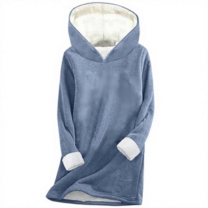 Women's Blue Plush Fleece <b>Hoodie</b> Long Sleeve Pullover with <b>Sherpa</b> <b>Lined</b> Hood and Pocket - Product Image 3
