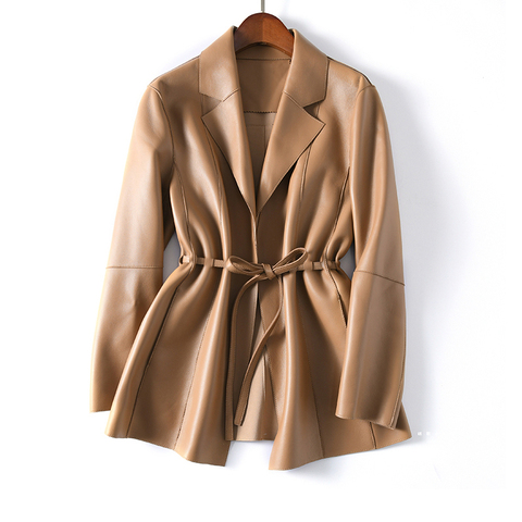 31101 New Design Office Lady Solid Color Long Sleeves Belt Womens Genuine Leather Winter Coats