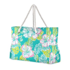 Portable Summer Oversized Flower Custom Print Nylon Fabric Women Waterproof Pool Tote Zip Closure Beach Bag With Rope Handle - Product Image 1