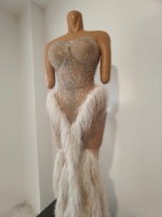 Robe de soirée sirène élégante sans bretelles pour femme, en maille, ornée de strass et de plumes, pour fêtes, banquets, tenue de scène pour chanteuse