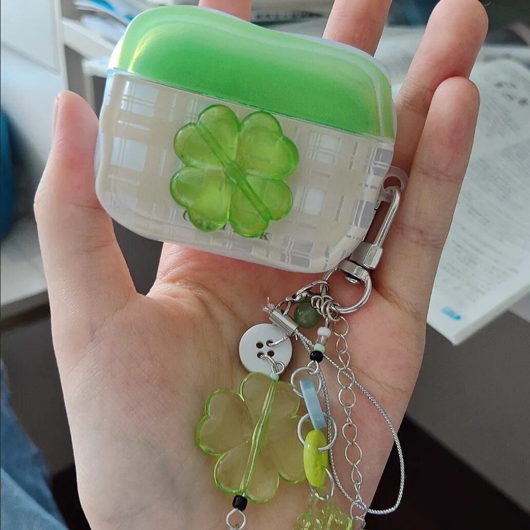 Green Plaid Four-Leaf Clover Pendant Necklace