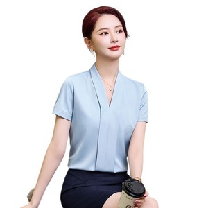 White V-Neck Short Sleeve Blouse For Women Workwear Breathable Poplin Shirt Office Formal Wear - Product Image 5