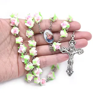 Подарочное ожерелье с крестом Иисус Христа Дева Мария Красочные цветы розажи религиозные католические бусины