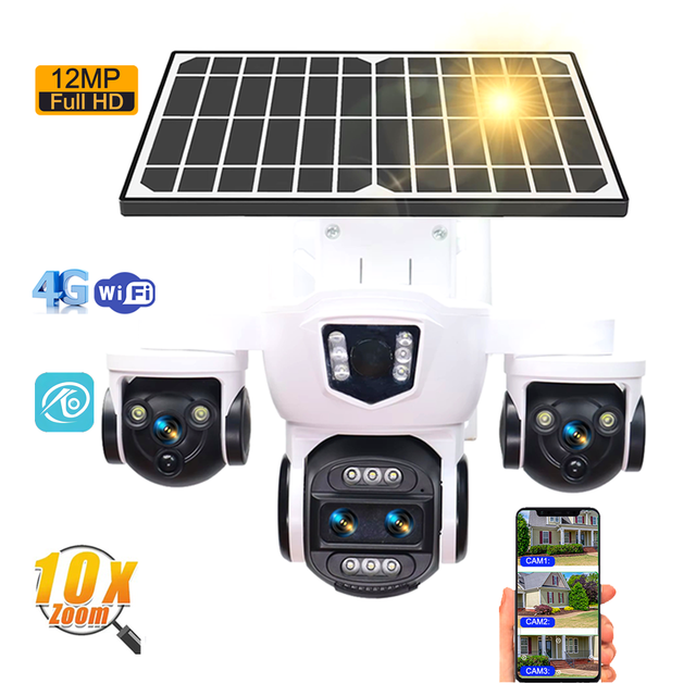 12MP UHD 4 Lens 10x Zoom Outdoor Solar 4G SIM Security Camera O-kam Pro Solar Power Camera Night Vision Long Battery Life