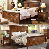 Lit en bois massif de style américain vintage, sculpté, lit double extra-large, lit de chambre, ensemble de lit traîneau, mobilier de chambre d'hôtel