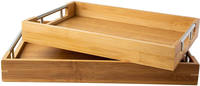 Plateau de service rectangulaire en bambou fait main de luxe avec poignées métalliques, plateau de petit-déjeuner en bois pour aliments
