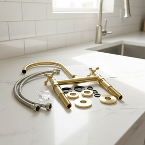 Rubinetto da <span class=keywords><strong>cucina</strong></span> classico con maniglie a croce in ottone spazzolato non verniciato, rubinetto a ponte in ottone non laccato con doccetta - Product Image 1