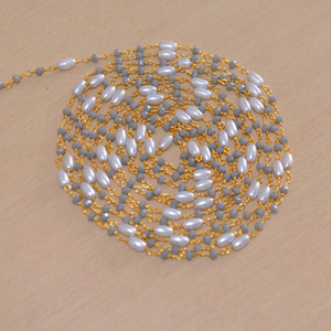 Cadena de Rosario con Cuentas Grises de 3mm y Perlas Blancas, Cadena de Alambre de Latón Chapado en Oro, por Metro, para Fabricación de Joyería DIY - Product Image 1