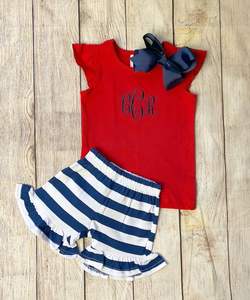 Monogrammed <strong>Patriotic</strong> Kids Boy White Shirt Blue Woven Gingham <strong>Shorts</strong> Matching Little Girl Side Tie Dress Baby Summer Clothes - Product Image 4