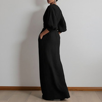Nouvelles Arrivées Robe Longue Femme Couleur Unie Col V Manches Lanterne Fendue sur le Côté avec Poches Élégante Décontractée pour le Bureau et Tenue Formelle