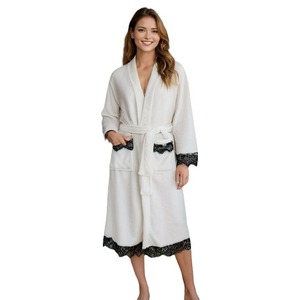 Luxury White Lace <strong>Bathrobe</strong> with <strong>Personalised</strong> Logo Winter Warm Soft Robe for Women Fleece Dressing Gown for Home Hotel-MOQ 2pcs - Product Image 6