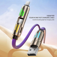 Cable Cargador de Silicona 4 en 1 de 240W de Gran Venta con Indicador de Luz LED de Respiración, 1M 2M, Múltiples USB Tipo C para iPhone