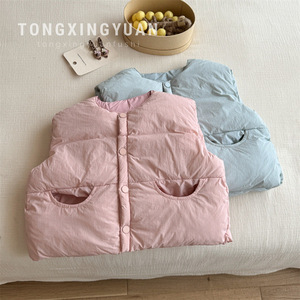 Tongxingyuan Children's Vest Pink Blue Cotton Winter Warm Loose Fit Girls Outerwear Solid Color - Product Image 1