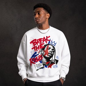 Sudadera Oversize Blanca con Cuello Redondo Unisex, Estampado BREAK THE RULES, Algodón Grueso, Estilo Graffiti Urbano, Sudadera Personalizada - Product Image 1