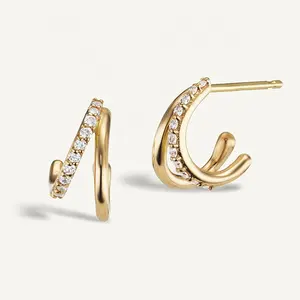Milskye nickel free V shaped pave set diamond earrings hoop earrings for girls wearing