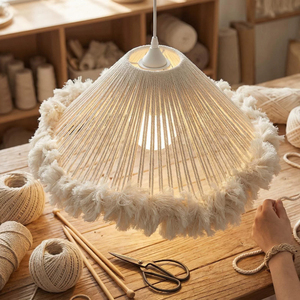 Lampe suspendue en <span class=keywords><strong>coton</strong></span> tissé à la main style crème française avec cadre en fer, pampilles LED E27, lustre en fil de pêche, garantie 3 ans, lumière chaude - Product Image 1