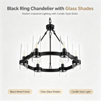 Lustre LED à 6 lumières en verre cylindrique transparent de style campagnard américain, hauteur réglable, luminaire suspendu pour salon