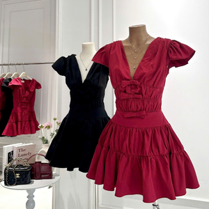 Short Woven V-neck <b>Ruffle</b> <b>Skirt</b> Vietnam <b>Mini</b> Party Dress Flutter Sleeve Bow Detail High Waist Slim Fit Flared <b>Skirt</b> Polyester - Product Image 6