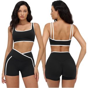 Conjunto Deportivo de Dos Piezas para Mujer, Bra Deportivo con Bloques de Color, Shorts de Cintura Alta, Ropa Deportiva para Gimnasio y Yoga, Ribete en Contraste, Transpirable y de Secado Rápido - Product Image 1