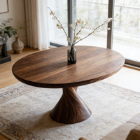 Table à manger ronde en bois naturel minimaliste avec base en spirale pour les intérieurs de maison Wabi-Sabi et Japandi