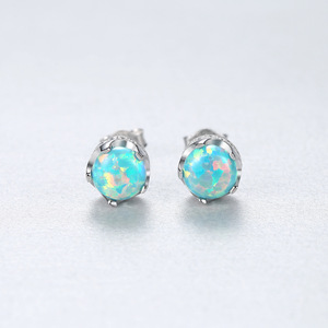Minimalist S925 Silver Stud <b>Earrings</b> With Blue <b>Opal</b> Stone Claw Setting Classic Women's Jewelry Everyday Wear - Product Image 6