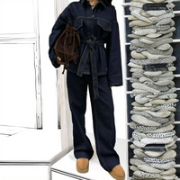 Ensemble décontracté en jean pour femme, deux pièces tissées, veste à revers et pantalon, style automne, avec ceinture décorative, livraison rapide