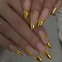 Uñas Postizas Reutilizables con Diseño de Metal Esmeralda a Cuadros, Puntas Largas y Efecto Espejo con Diamantes, Precio de Fábrica