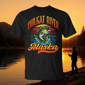 T-shirt retrò con motivo al tramonto sul fiume Chilkat Alaska Fishing - Product Image 3
