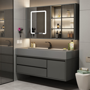 <span class=keywords><strong>Meuble</strong></span>-lavabo mural gris moderne avec miroir LED intégré, <span class=keywords><strong>vasque</strong></span> intégrée et grand rangement pour hôtel - Product Image 1