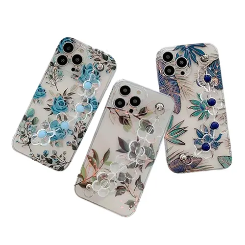 Penutup Ponsel Dilapisi IMD Transparan dengan Tali Pergelangan Tangan Bunga untuk iPhone 13 12 Pro Max Casing