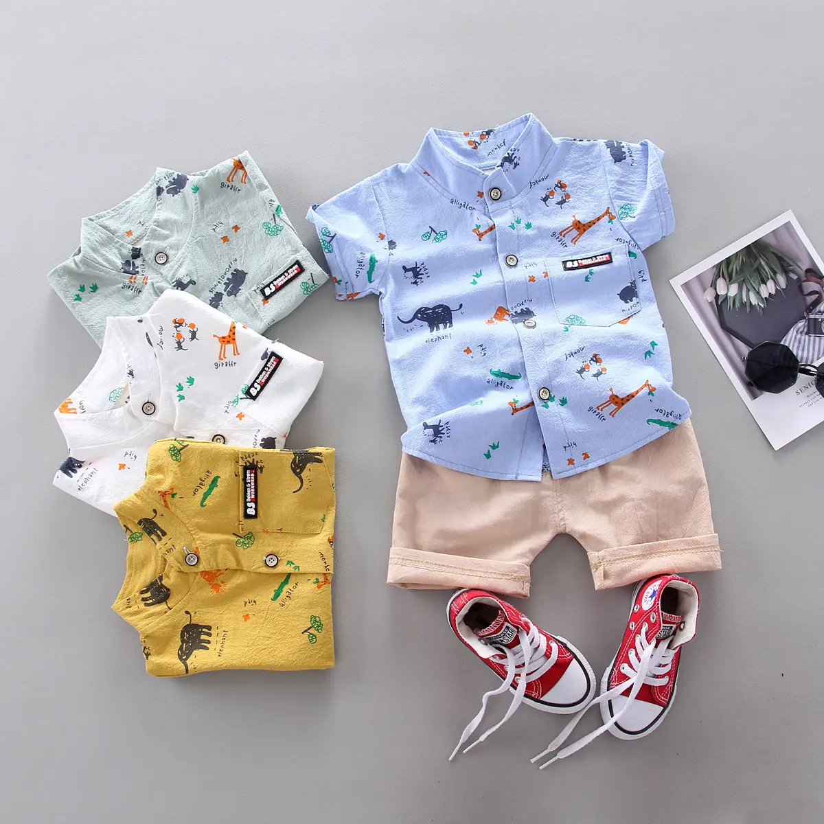 wholesale New print cartoon dinosaur shirts and cotton crepe shorts little baby kids summer boy's clothing sets