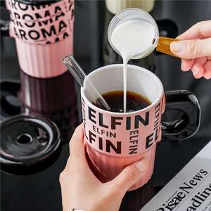 Grande tasse à café en céramique avec couvercle et paille, grande capacité, design élégant, pour couple, usage domestique, créative - Product Image 2