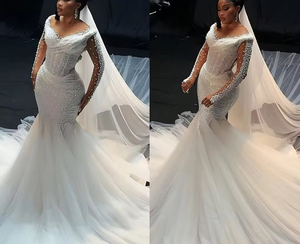 <span class=keywords><strong>Vestido</strong></span> de novia de sirena Africana Aso Ebi de talla grande personalizado, vestidos de novia para novia, ilusión, cuello en V, manga larga - Product Image 4