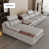Canapé d'angle en cuir véritable minimaliste moderne avec rangement, structure en bois massif, revêtement en cuir de vachette première couche, pour salon