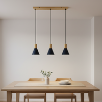 Suspension LED E27 style nordique moderne, design fer noir et bois, pour cuisine et ferme