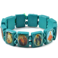 Bracelet catholique en bois extensible élastique avec images de saints religieux jésus et chapelet baptême en bois chrétien 1ère