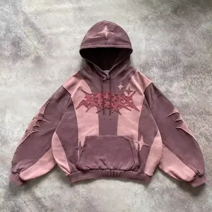 Blank Custom High Quality Vintage Washing Color Block Stitching Hoodie Embroidery Appliques Trendy Oversized Boxy Hoodies