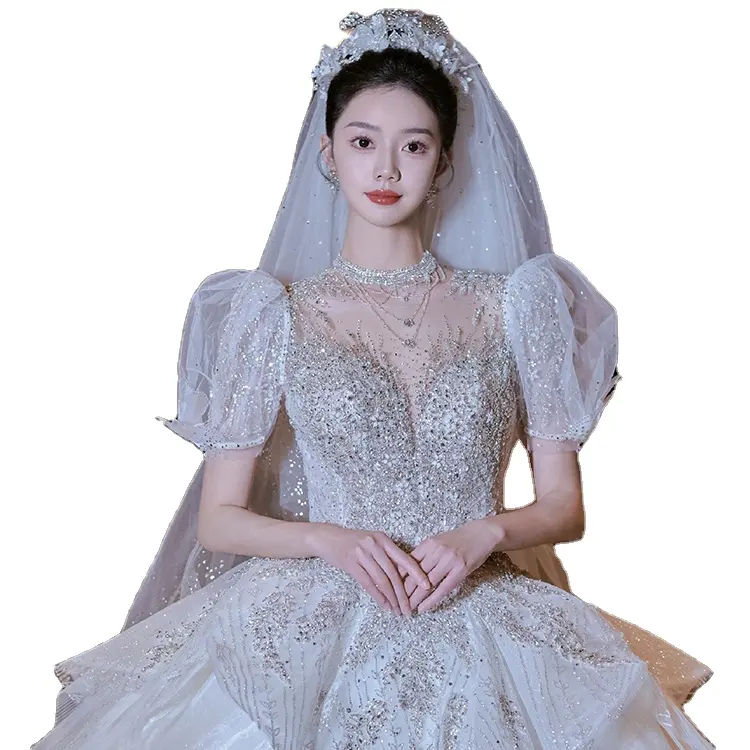 AL1732 personalizado princesa 2024 nueva novia 1,5 m tren burbuja manga corta cuenta perla bordado elegante Catedral vestido de novia