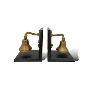 Set of Two BRASS & WOOD Book-End Ship Bells Mounted on Anchor for Desk <b>Shelf</b> Office Home Art Decor & <b>Decorative</b> Display - Product Image 1