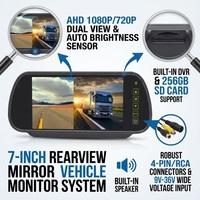 Kit de caméra de plaque d'immatriculation à distance |   Moniteur miroir IPS 7 pouces |   Luminosité automatique 800 nit |   Double DVR filaire à 4 broches |   Imperméable |   Nuit