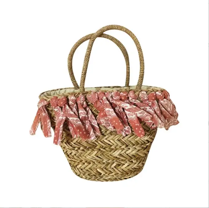 Summer Bridesmaids Gift Handwoven Straw Drawstring Tote Handbag Fashion Hoho Holiday Seagrass Beach Bucket Bag with strip cloth