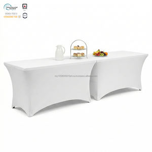 Housse de table extensible moderne en spandex ivoire certifiée NFPA, imperméable et personnalisable, pour conférence, 8 pieds - Product Image 1