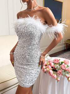 Nuevos sexis vestidos de fiesta, vestido de plumas para mujer, vestido ajustado de lujo con hombros descubiertos y lentejuelas con cremallera en la espalda - Product Image 3
