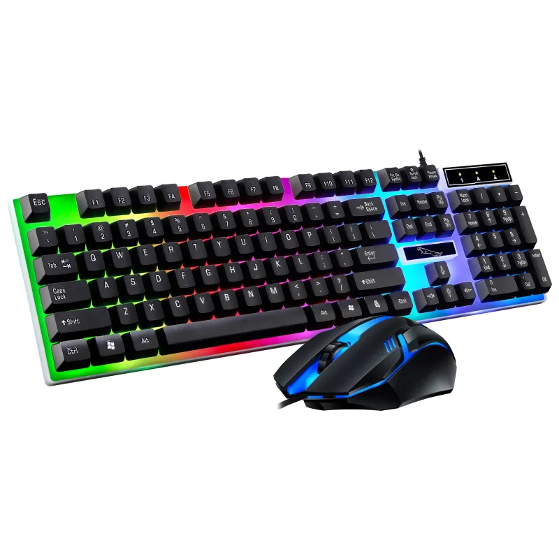 Conjunto de mouse e teclado com fio usb, mouse colorido com luz de fundo de arco-íris para jogos e teclado gamer