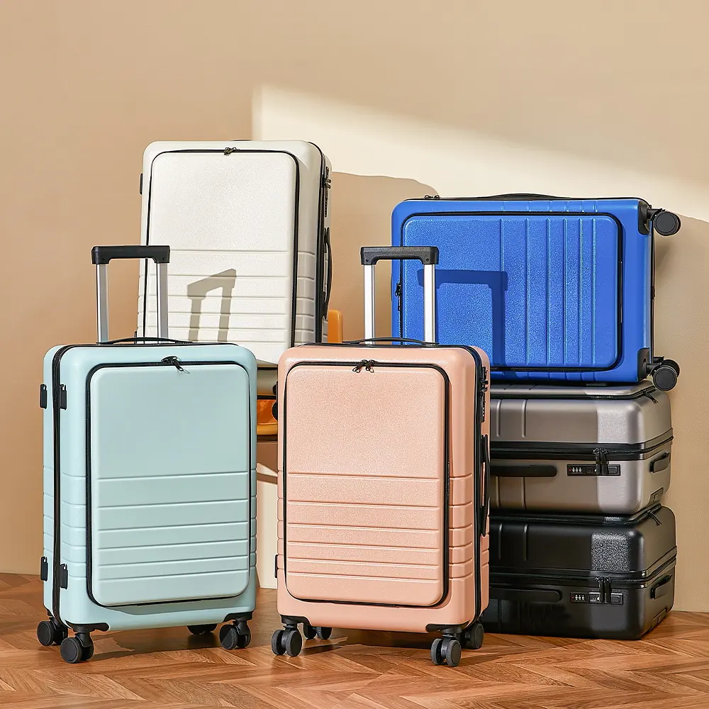 2024 Hot Sale Multifunctional front Open Luggage Laptop Pocket Hardside Suitcase Trolley 4 Spinners Travel Luggage Set