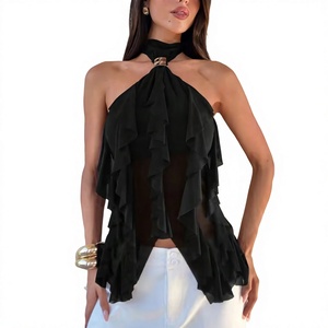 Chemisier asymétrique à volants superposés pour femme, col halter, sans manches, idéal pour les vacances d'été - Product Image 4