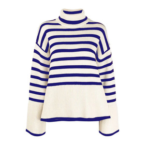 Maglione Lavorato a Maglia con Motivo Personalizzato per <span class=keywords><strong>Donna</strong></span> Pullover Maglieria Invernale Oversize in <span class=keywords><strong>Cotone</strong></span> a Righe con Collo Alto - Product Image 6