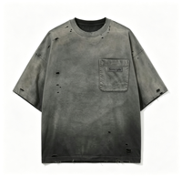 T-shirt Oversize Streetwear Uni à Effet Dégradé et Délavé à l'Acide, avec Trous Déchirés et Peinture Pulvérisée, Coupe Boxy, en Jersey 100% Coton Filé à Anneaux