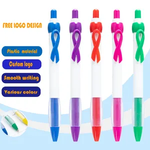 Pena bolpoin tekan plastik berbagai warna dengan klip pita, pena alat bantu iklan pena hadiah dengan logo kustom