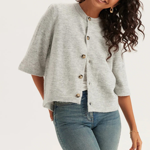 Wisrise Clothing Mujer Personalizar Minimalista Elegante Gris Claro Cuello Redondo Recortado Kint <span class=keywords><strong>Cardigan</strong></span> - Product Image 1
